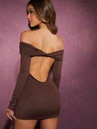 Hauture Winter Women Clothes, Women's Elegant Twisted Back Brown Slinky Jersey Off Shoulder Mini Dress With Long Sleeves. For Daily Wear, Date Night, Concerts, Performances, Parties, Clubs