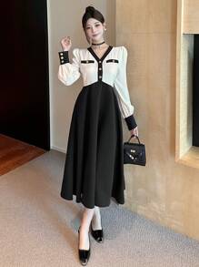 DAZY Vestido de mujer con cuello en V, recorte de color block y largo hasta la pantorrilla, vestido de manga larga para otoño