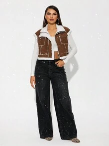 SHEIN SXY Veste sans manches en polaire épaisse de couleur marron foncé Maillard pour l'automne et l'hiver
