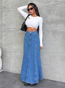 SHEIN High Waist Sewing Detailed Denim Skirt