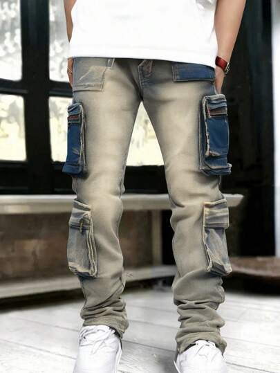 SHEIN 这款青少年男童时尚休闲复古蓝色牛仔单品，采用多口袋和拉链设计，舒适弹力，适合搭配修身牛仔裤、感恩节服装、日常穿着以及秋冬季节穿着。