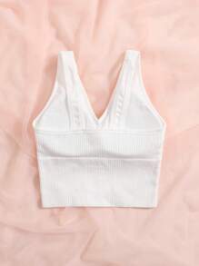 Women's White Ribbed V Neck Bralette Casual Comfy Backless Crop Top With Medium Stretch Fabric - White - View 2