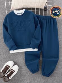 SHEIN Leap Crew 2 件套 Tween Boy 休闲套装 - 压花字母印花仿分层上衣和纯色裤子针织运动服，适合通勤、上学、日常、度假、运动、春夏秋冬 - 霧霾藍 - 查看 6