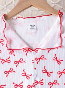 SHEIN 2pcs/Set Girls Cherry Print Casual Cute Half Button Cardigan Shirt And Pants Home Wear Suit - Red and White - View 3