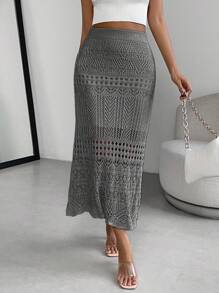 Chiquease 女士纯色镂空手帕下摆优雅毛衣裙，秋冬 - 深灰色 - 查看 6