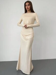 Aloruh Elegantes aprikotfarbenes figurbetont Kleid mit rundem Ausschnitt, enge, schlanke Passform, geeignet für Cocktailparty, Feiertage, Urlaub