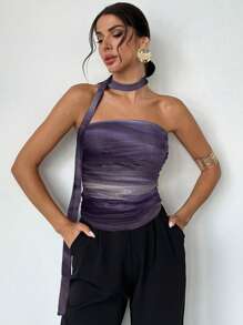 SHEIN Privé 女士优雅浪漫性感简约扎染印花褶皱露背上衣