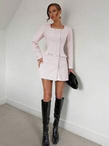 Chiquease 女士休闲日常通勤方领圆扣细节长袖连衣裙套装 - 淺粉色 - 查看 4