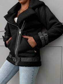 EURMUSE Shearling Lined Warm Coat With Patchwork - Black - View 3
