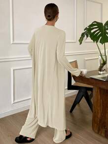 DAZY 3件套简约吊带背心、睡袍和裤子家居休闲服套装，舒适保暖，秋冬睡衣 - 米色 - 查看 2