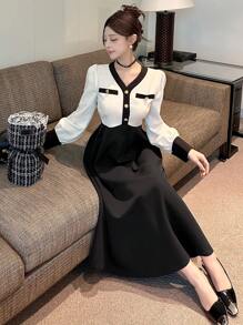 DAZY Vestido de mujer con cuello en V, recorte de color block y largo hasta la pantorrilla, vestido de manga larga para otoño