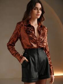 Anewsta Women's Fashionable Sequin Embellished Loose Long Sleeve Blouse For Holiday Party Clothes Party Shirt For Women - Rust Brown - View 5