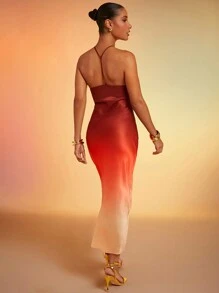 Hauture Ombre Satin Strappy Halter Backless Dress
