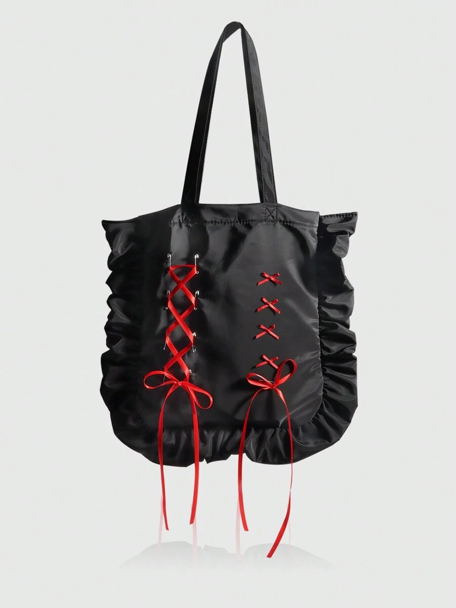 ROMWE Kawaii 1pc Cute Black Ruffle Edge Tote Bag With Red Bow Ribbon Decor, Suitable For Women And Students Daily Use, Valentine's Day/Birthday/Holiday Gift - Multicolor - View 1