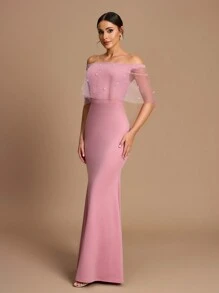 SHEIN Belle Vestido de mujer elegante y romántico con mangas estilo chal y hombros descubiertos, de punto elástico de color rosa claro, con decoración de perlas falsas, silueta de sirena, apropiado para bodas, fiestas y atuendo formal de dama de honor