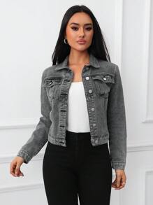 Women Single Breasted Casual Denim Jacket, Versatile For Autumn