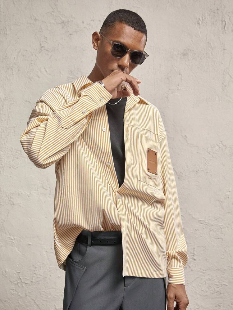 Men's Loose Fit Drop Shoulder Striped Long Sleeve Casual Shirt, Suitable For Autumn