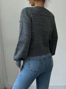 SHEIN Unity 女士圆领串珠蝴蝶结长袖毛衣，秋冬针织套头衫 - 深灰色 - 查看 2