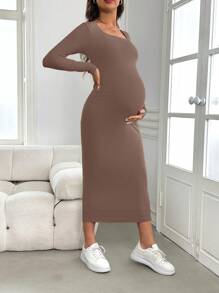 SHEIN 孕妇绿色长袖紧身连衣裙，适合秋冬季婴儿洗礼的孕妇连衣裙 - 卡其色 - 查看 3