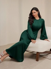 Veilorie Đầm thường ngày xếp ly phía trước tay dài cổ tròn trơn dành cho nữ, kín đáo - Màu xanh lá cây đậm - Xem 6