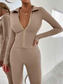 Chiquease con cremallera Top & Leggings Conjunto - Albaricoque - Ver 1