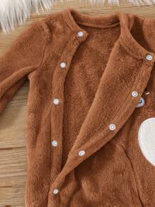 SHEIN 新生男婴可爱熊刺绣领羊毛连体衣秋冬季 - 棕色 - 查看 2