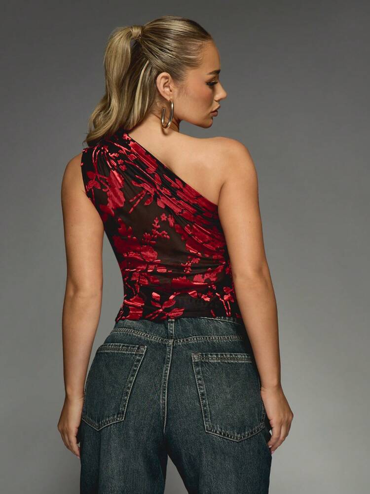 MISSGUIDED Asymmetric One Shoulder Devore Top Christmas
