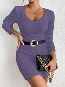 Chiquease 女式纯色 V 领长袖修身短款针织毛衣连衣裙，适合秋冬季 - 紫羅蘭色 - 查看 4