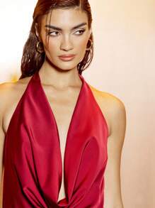 MISSGUIDED Satin Deep Cowl Halter Neck Bodycon Waist Backless Mini Dress Christmas - Burgundy - View 5