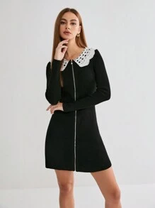 Enchnt 女士蕾丝拼布拉链开合优雅长袖毛衣连衣裙 - 黑色 - 查看 7