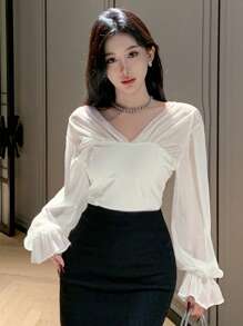 DAZY Women's V-Neck Patchwork Puff Sleeve Shirt, Minimalist & Fashionable For Casual Daily Wear,Ruffle Sheer,Fall Clothes Long Sleeve Top - Beige - View 6