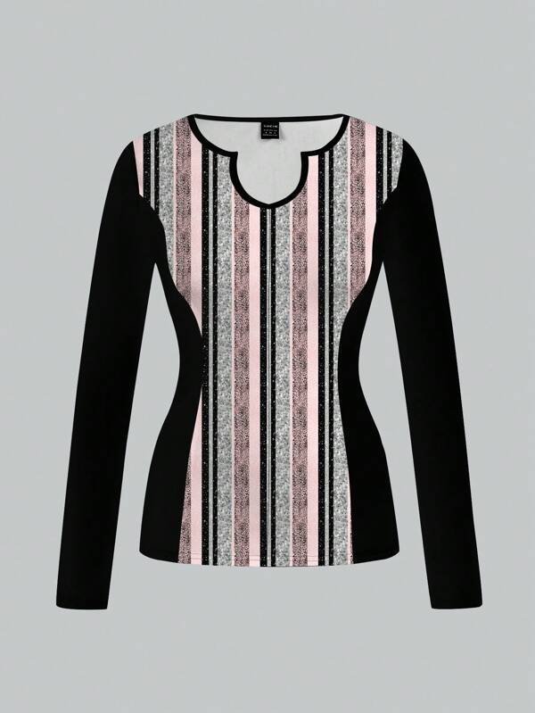 Glamance ORANGE STUDIO Camisetas multicolor de manga larga con escote en V para mujer, casual, de color bloque, liso, a rayas, atuendos de verano para mujer, camiseta gráfica para mujer para salir