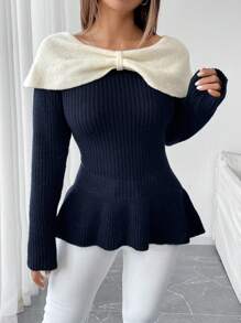 Chiquease 女士优雅蝴蝶结领浪漫时尚套头毛衣，秋冬款 - 黑與白 - 查看 4