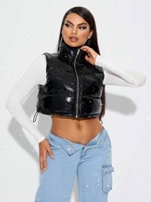 SHEIN SXY Áo vest đệm da PU màu đen cho mùa thu đông thường ngày, áo khoác dày giữ ấm, quần áo khoét lỗ, quần áo mùa đông cho nữ, áo khoác mùa đông cho nữ, nhẹ và thường ngày - màu đen - Xem 4