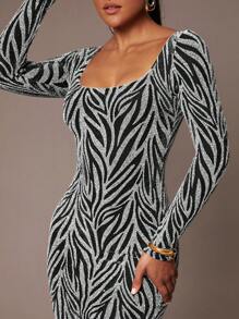 Silquee 女士优雅华丽派对女士长袖适合秋冬季方领闪光修身连衣裙万圣节 - 銀色 - 查看 4