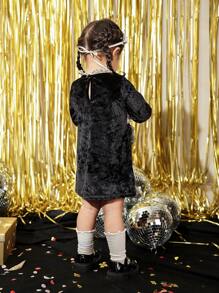 Vestido elegante de niña bebé con cuello de volantes, lazo 3D y silueta evasé, adecuado para banquetes y fiestas de noche, primavera/otoño - Multicolor - Ver 2