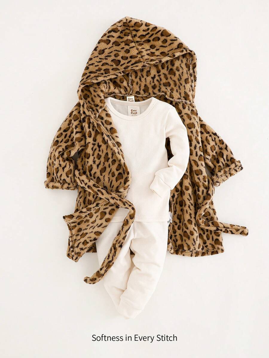 Cozy Pixies Baby Boy Casual Versatile Double-Sided Fleece Printed Hooded Robe - Brown - View 1