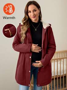 SHEIN Maternity Hooded Jacket/Coat, Fuzzy Button Solid Color Jacket For Pregnant Women, Autumn/Winter - Burgundy - View 1