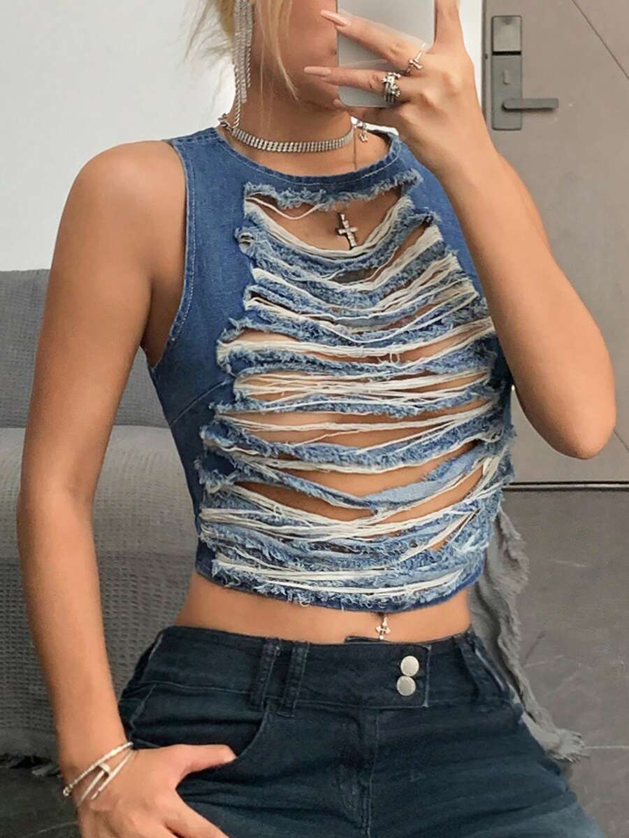 SHEIN ICON 女士休闲破洞牛仔无袖背心 - 淺色水洗藍 - 查看 1