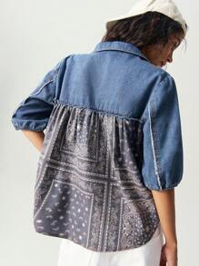 Bohemela Chemise femme en denim tissé ample avec col à revers et manches courtes