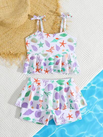 SHEIN Baby Girls 2 Pieces Swimwear Set, Cute Ocean Creature Print Ruffled Spaghetti Strap Top And Swimwear Bottoms, Matching Sibling Swimwear