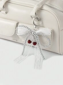 ROMWE Goth 1 件 Y2K 精致甜美时尚百搭高品质手工串珠银 CCB 白色蕾丝蝴蝶结仿樱桃吊坠钥匙扣包饰，适合女性女孩日常穿着和节日礼物 - 白色 - 查看 7