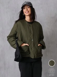 Aveloria Affinna Autumn/Winter Clothes Casual Rhombic Quilted Padded Padded Coat With Large Pockets, Crew Neck, Long Sleeve, Short Style  - Army Green - View 1