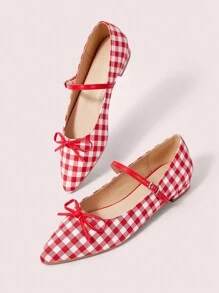 CUCCOO DOLLMOD Red And White Plaid Fabric Women's Pointed Toe Flat Shoes Valentine's Day - Red and White - View 3