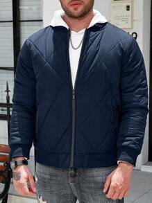 Manfinity Homme Plus Size Men's Solid Color Long Sleeve Zipper Front Pocket Casual Padded Coat - Blue - View 3