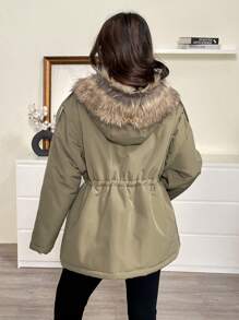 SHEIN EZwear 女士落肩长袖抽绳腰部蓬松拼接连帽休闲棉服外套冬季 - 軍綠色 - 查看 2