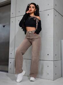 Jeans rectos con efecto desgastado casual