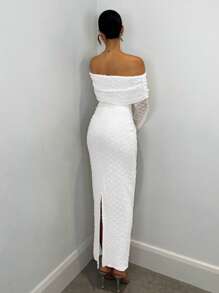 SHEIN BAE Váy dài tay ôm vừa vặn vải jacquard hở vai màu mơ, thích hợp cho những buổi hẹn hò lãng mạn và kỳ nghỉ - trắng - Xem 2