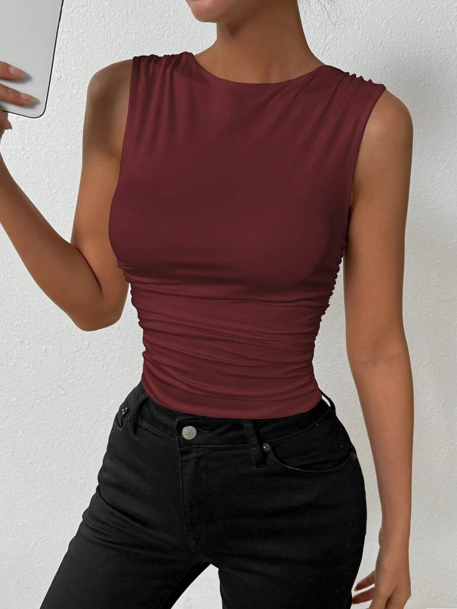 Chiquease 1 件女式纯色圆领褶皱修身吊带背心，百搭 - 紅木色 - 查看 1