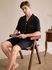 EverLounge Men's Polka Dot Print Stand Collar Short Sleeve Single-Breasted Top And Shorts Pajama Set - Multicolor - View 3